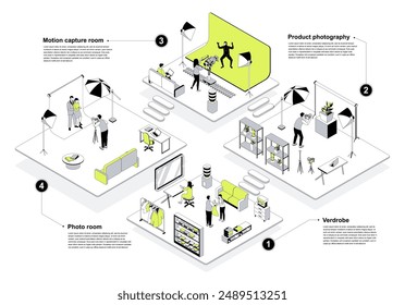 Concepto isométrico 3d de estudio fotográfico en diseño esquemático para el Web. Personas en salas de isometría obtener imagen en la zona de fotografía, fotógrafo fotografiar productos, trabajando en la sala de captura de movimiento. Ilustración vectorial.