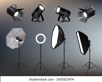 Photo studio accessories. Spotlights softboxes and glow and vivid backstage light vector realistic. Illustration of softbox and projector, spotlighting and searchlight