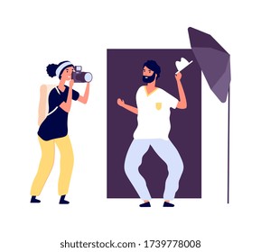 Photo studio. Actor posing photographer. Professional photo session for portfolio with equipment and accessories. Flat style smiling man vector illustration