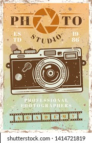 Photo studio advertising poster with retro camera vector illustration. Layered, separate grunge texture and text