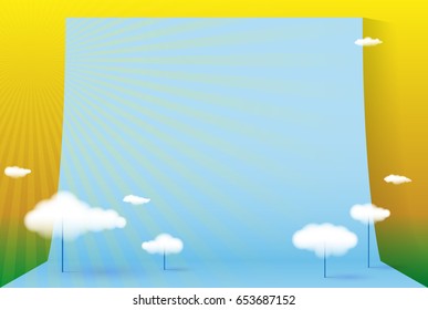 Photo studio background and volumetric clouds for your promotion text, banner, site, goods presentation. Vector 3d template