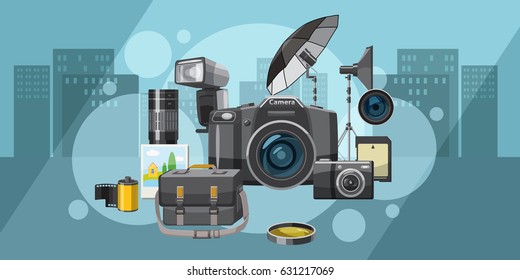 Photo studio banner horizontal concept city. Cartoon illustration of photo equipment banner horizontal city vector for web