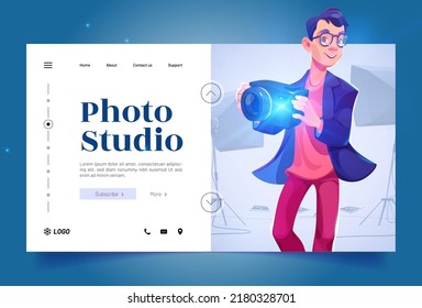 Photo studio banner with man holding camera with flash. Vector landing page of professional studio with cartoon interior with lamps, spotlights and guy photographer