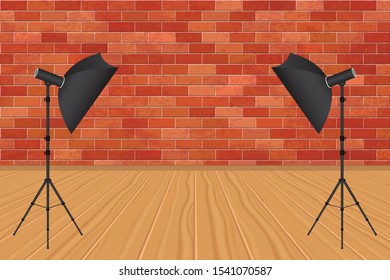 Photo studio with bricks wall and wooden floor vector illustration 