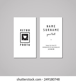 Photo Studio Business Card Design Concept. Logo With Heart On The Photo. Vintage, Hipster And Retro Style. Black And White.