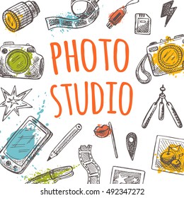 Photo studio card with watercolor splashes. Hand drawn vector illustration. Filmstrip, memory card, camera, tripod, lens, usb, negative and other supplies.