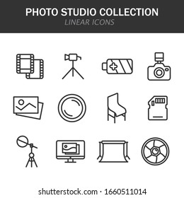 Colección de estudio fotográfico iconos lineales en negro sobre fondo blanco