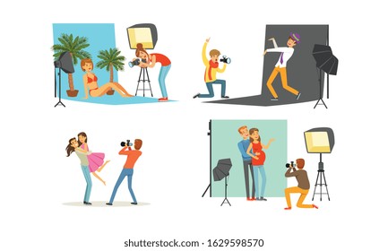 Photo Studio Collection, Male Photographers Taking Pictures of Models, Couples in Love with Professional Equipment Vector Illustration