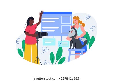 Photo studio color concept with people scene in the flat cartoon design. Photographer shows the woman instruction on how to behave in the studio with the dog. Vector illustration.