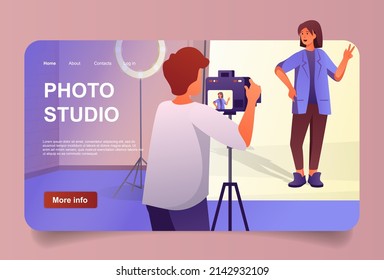 Photo studio concept in cartoon design for landing page. Woman model posing for photographer. Man with photo camera makes creative shooting in studio. Vector illustration with people for web homepage