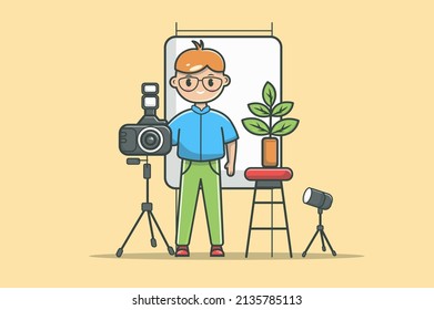 Photo studio concept in flat line design. Photography equipment color outline scene. Man making photoshoot on camera while standing near floodlight and backdrop. Vector illustration with web icon