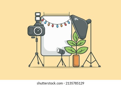 Photo studio concept in flat line design. Photography equipment color outline scene. Objects composition with camera on tripod, floodlights, backdrop with garlands. Vector illustration with web icon