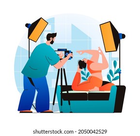 Photo studio concept in modern flat design. Man photographer with photo camera works in professional salon with equipment, makes photoshoot for posing woman sitting in yoga asana. Vector illustration
