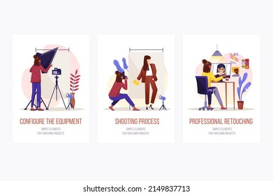Photo studio concept onboarding screens. Photographer configure equipment, makes shooting and retouching. Modern UI, UX, GUI user interface kit with people scene for web design. Vector illustration