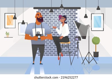 Photo studio concept with people scene in the background cartoon style. Woman explains to the photographer how to photograph her. Vector illustration.