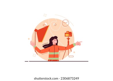 Photo studio concept with people scene in the flat cartoon design. The photographer adjusts the equipment in the studio and waits for customers. Vector illustration.