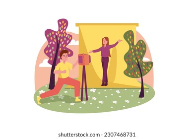 Photo studio concept with people scene in the flat cartoon design. The photographer arranged a photo session for the girl in the park. Vector illustration.