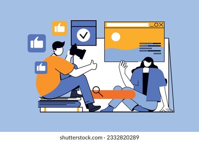 Photo studio concept with people scene in flat design for web. Photographer with camera making creative shooting with posing model. Vector illustration for social media banner, marketing material.