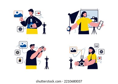 Photo studio concept with people scenes in the flat cartoon style. Photographers prepare for shoots, edit photos and set up cameras. Vector illustration.