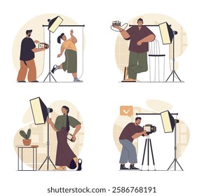 Photo studio concept scenes set in flat web design. People in situations of getting photography shot, posing for portraits, photographer working at shooting under spotlights. Vector illustrations.