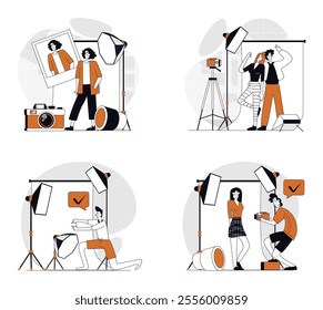 Photo studio concept set in flat design for web. Collection with people getting professional photography shot, posing for portrait, photographer working at fashion shooting. Vector illustrations.