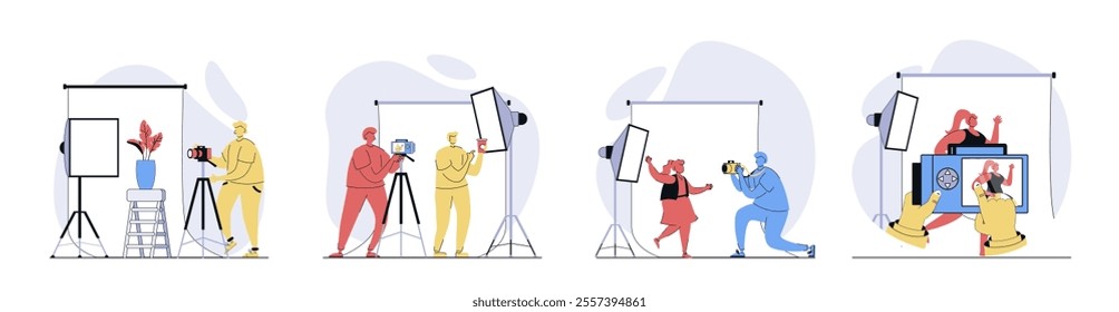 Photo studio concept set in flat design for web. Collection with people getting photography shot, children posing for portrait, photographer working at shooting in backstage. Vector illustrations.