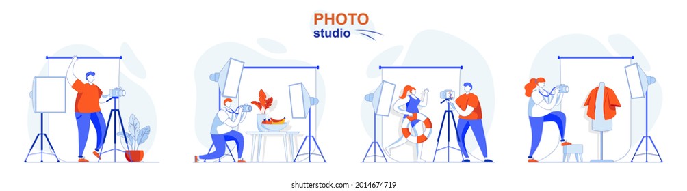 Photo studio concept set. Photographer doing photos with model, clothes or food. People isolated scenes in flat design. Vector illustration for blogging, website, mobile app, promotional materials.