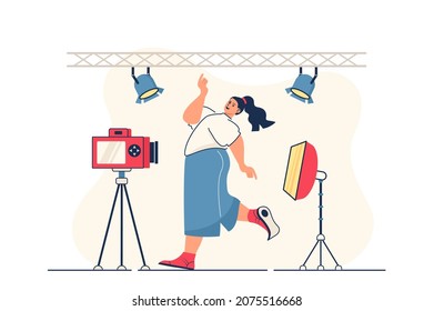 Photo studio concept for web banner. Woman model posing for shoots in professional studio with lighting lamps modern person scene. Vector illustration in flat cartoon design with people characters