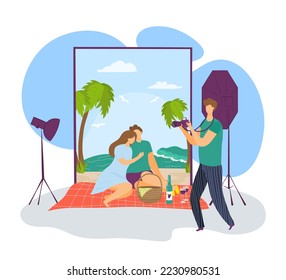 Photo studio design, young couple make photography at camera vector illustration. Man work with professional equipment. Happy flat photographer