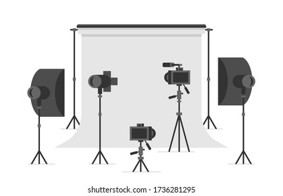 Estudio fotográfico. Estudio fotográfico vacío con equipo de iluminación y cámara. estilo plano. aislado en fondo blanco
