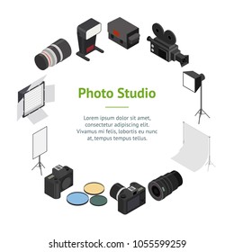 Photo Studio Equipment Banner Card Circle Isometric View for Web and App Include of Tripod and Lamp. Vector illustration of Photostudio Equipments