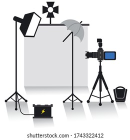 Photo Studio Equipment Icon, Set Of Photo Equipment, Camera, Light, Screen And Battery