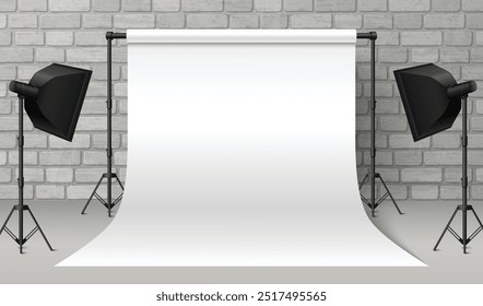 Equipamento de estúdio de fotografia no fundo da parede de tijolo. Vetor ilustração realista de fundo branco e caixa de softbox de luz para fotografia, produto profissional ou apresentação de design de moda showroom