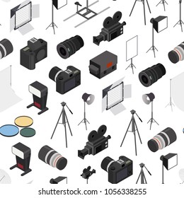 Photo Studio Equipment Seamless Pattern Background on a White Isometric View for Web and App Include of Tripod and Lamp. Vector illustration of Photostudio Equipments