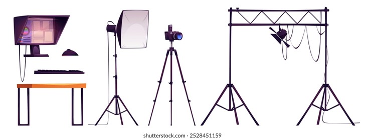 Photo studio equipment set isolated on white background. Vector cartoon illustration of professional camera, softbox and spotlight for illumination, computer for blog or advertising content making