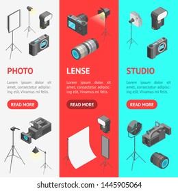 Photo Studio Equipment Signs 3d Banner Vecrtical Set Isometric View Include of Camera and Flash. Vector illustration