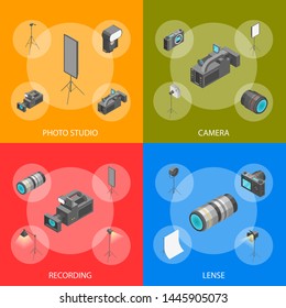 Photo Studio Equipment Signs 3d Banner Set Isometric View Include of Camera and Flash. Vector illustration of Banners