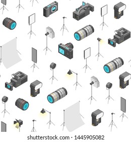 Photo Studio Equipment Signs 3d Seamless Pattern Background On A White Isometric View Include Of Camera And Flash. Vector Illustration Of Icon