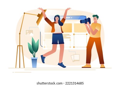 Fotostudio Farbverlauf-Konzept mit Menschen-Szene in der flachen Cartoon-Design. Fotograf macht schöne Fotos für das Mädchen, das ins Studio kam. Vektorgrafik.