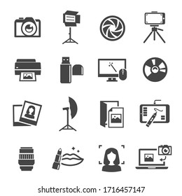 Photo Studio Icon Set, Professional Photographic Equipment. Workspace To Take, Develop, Print Photographs. Vector Photo Symbol Illustration