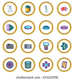 Photo studio icons circle gold in cartoon style isolate on white background vector illustration