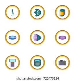 Photo studio icons set. Cartoon style set of 9 photo studio vector icons for web design
