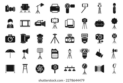 Photo studio icons set simple vector. Camera card. Video equipment