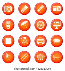 Photo studio icons vector set of red circles isolated on white background