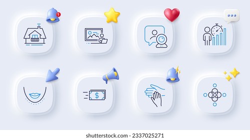 Photo studio, Inclusion and Video conference line icons. Buttons with 3d bell, chat speech, cursor. Pack of Business statistics, Money transfer, Chin icon. Balcony, Volunteer pictogram. Vector