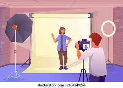 Photo studio interior concept in flat cartoon design. Woman model posing for photographer. Man with camera makes photo shooting in professional studio. Vector illustration with people scene background