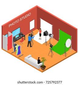 Photo Studio Interior with Furniture Isometric View Professional Fashion Photograph and Technology Photographer. Vector illustration of Photostudio Room