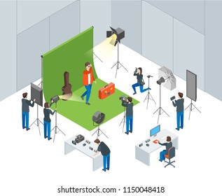 Photo Studio Interior with Operators Shooting Actor Isometric View Professional Photographic Service Concept. Vector illustration of People and Equipment