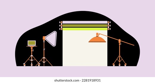 Photo studio interior. Paper backdrop, light soft box, light stand and a table with a laptop. Professional photography equipment for studio. Photo shooting and production process. Vector illustration