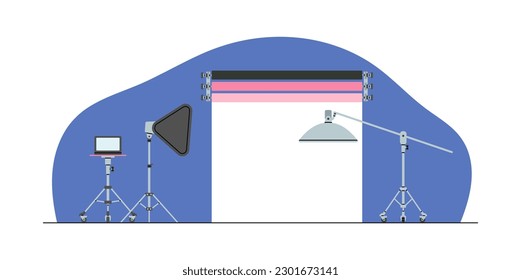 Photo studio interior. Paper backdrop, light soft box, light stand and a table with a laptop. Professional photography equipment for studio. Photo shooting and production process. Vector illustration
